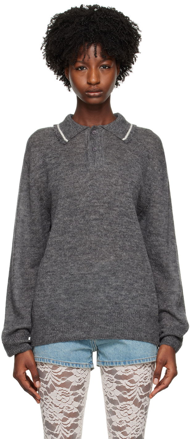 Pleteni pulover We11done Frayed Polo Sweater Siva | WD-KT1-23-665-U-GY