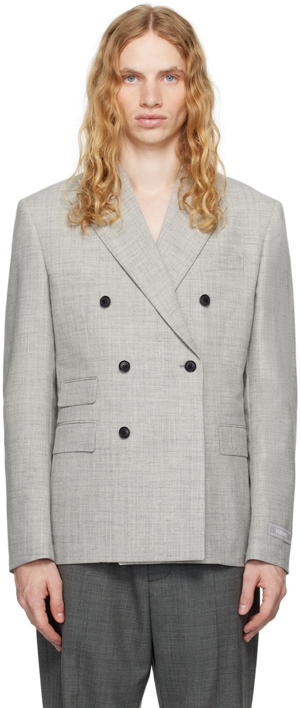 Plašči Versace Wool-Blend Double-Breasted Blazer Siva | 1016604_1A11264