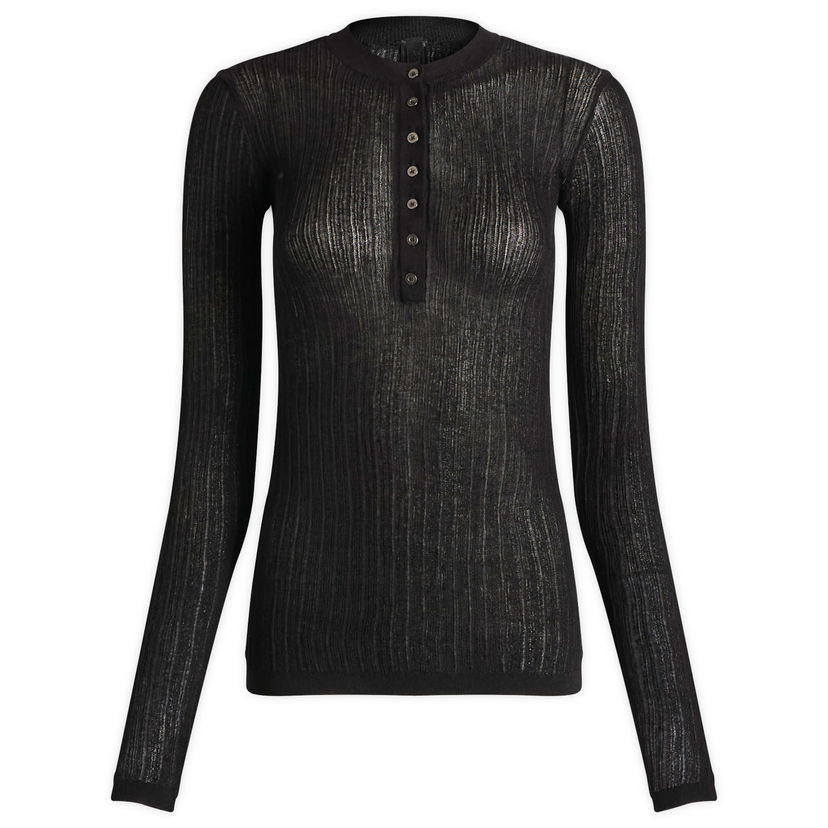 Pleteni pulover SKIMS Sheer Knit Long Sleeve Henley Top, Size Large Črna | LS-LST-10128W-ONX