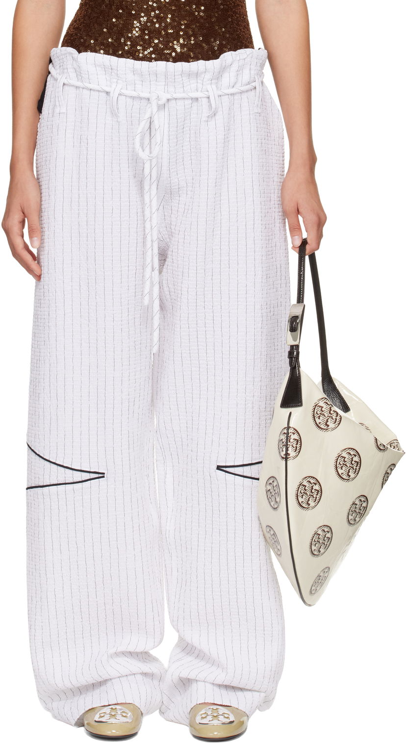 Hlače Tory Burch SSENSE Exclusive Pinstripe Crinkled Cotton Drawstring Baggy Trousers Bela | 175600-008