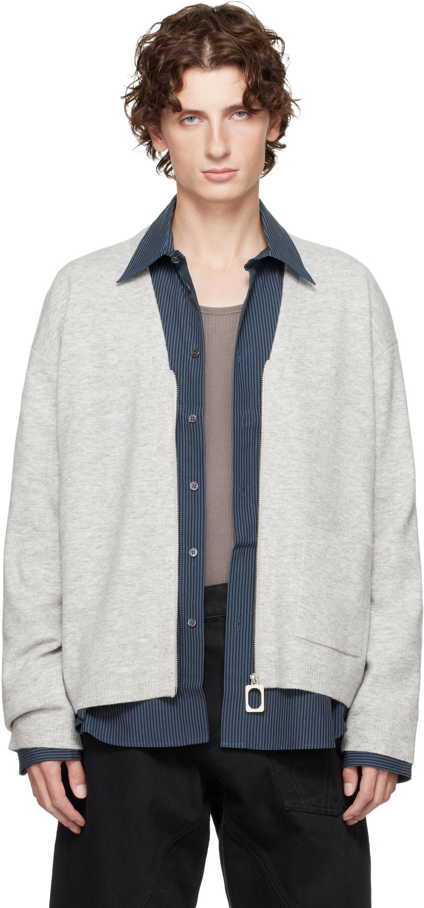 Pleteni pulover JW Anderson JW Anderson V-Neck Zip-Up Cardigan Siva | KW1435-YN0443