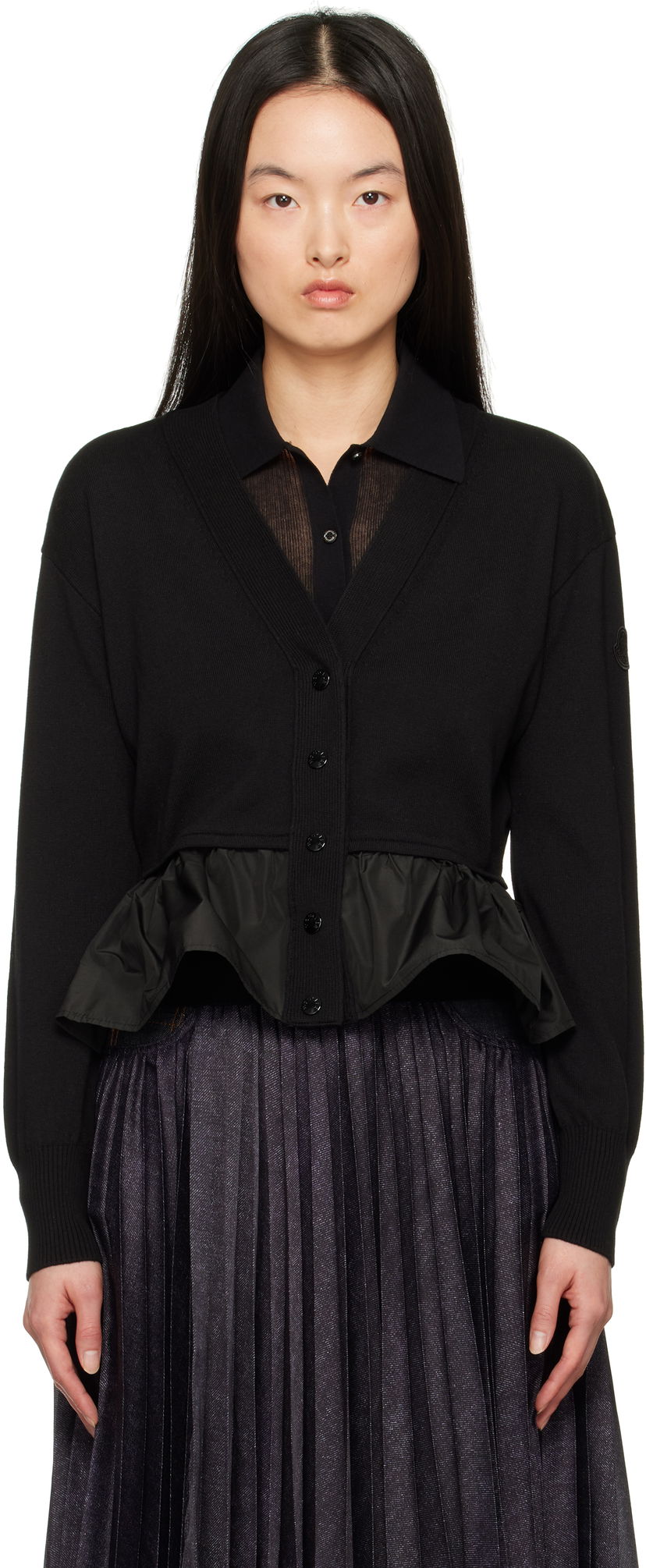 Pleteni pulover Moncler Moncler Cotton, Cashmere & Silk Peplum Cardigan Črna | K10939B00038M4066