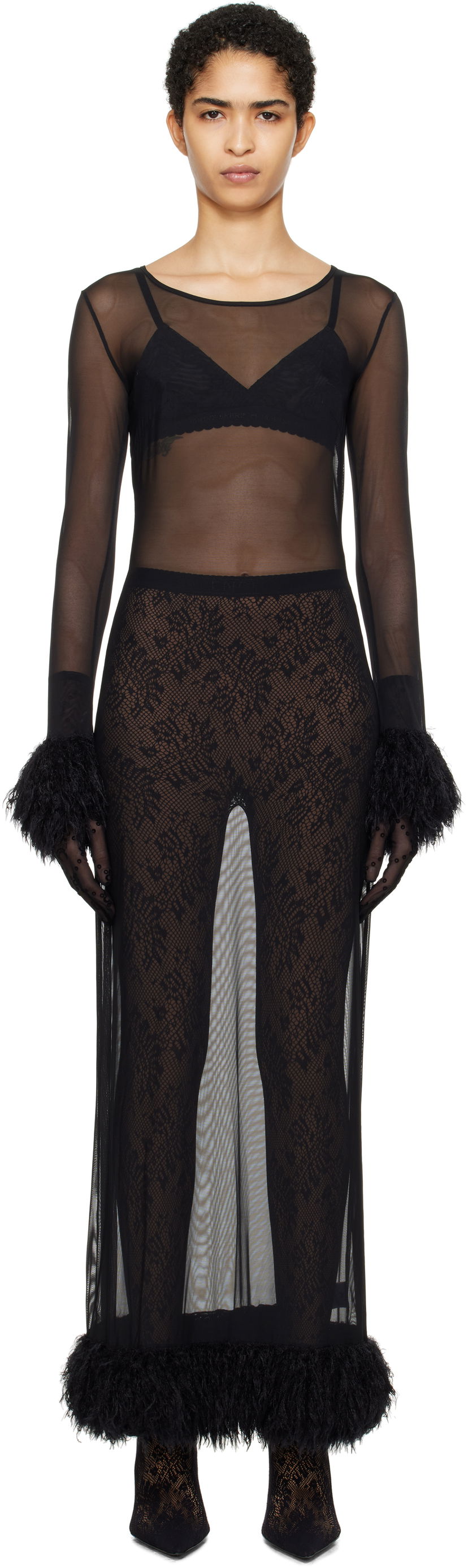 Obleke Marine Serre Feather Trim Mesh Maxi Dress Črna | WDR276A