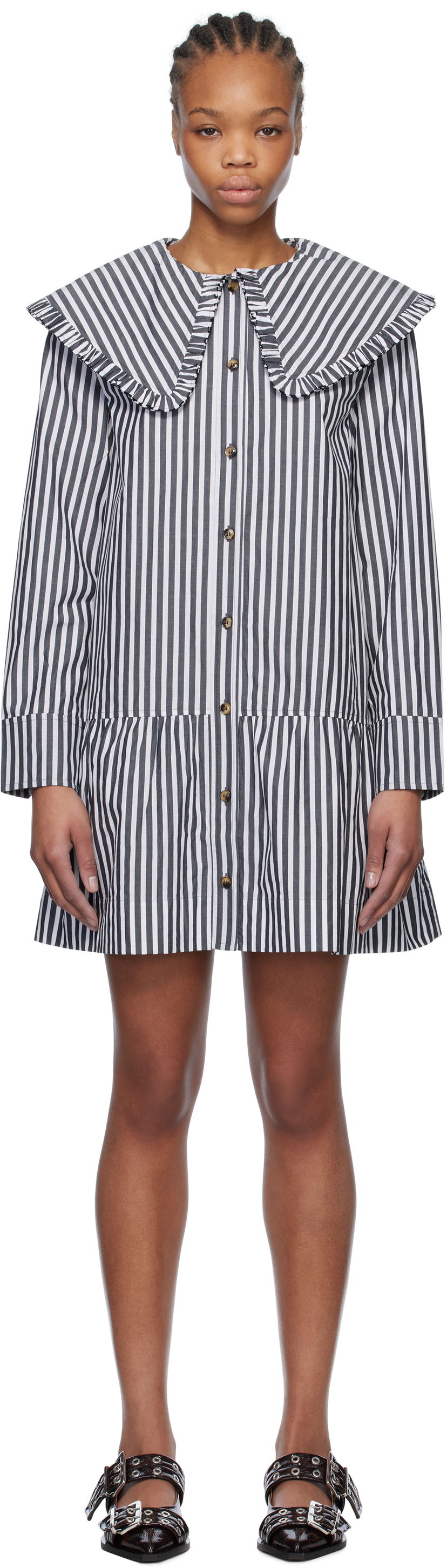 Obleke GANNI Ganni Striped Ruffle Collar Minidress Večbarvna | W0098
