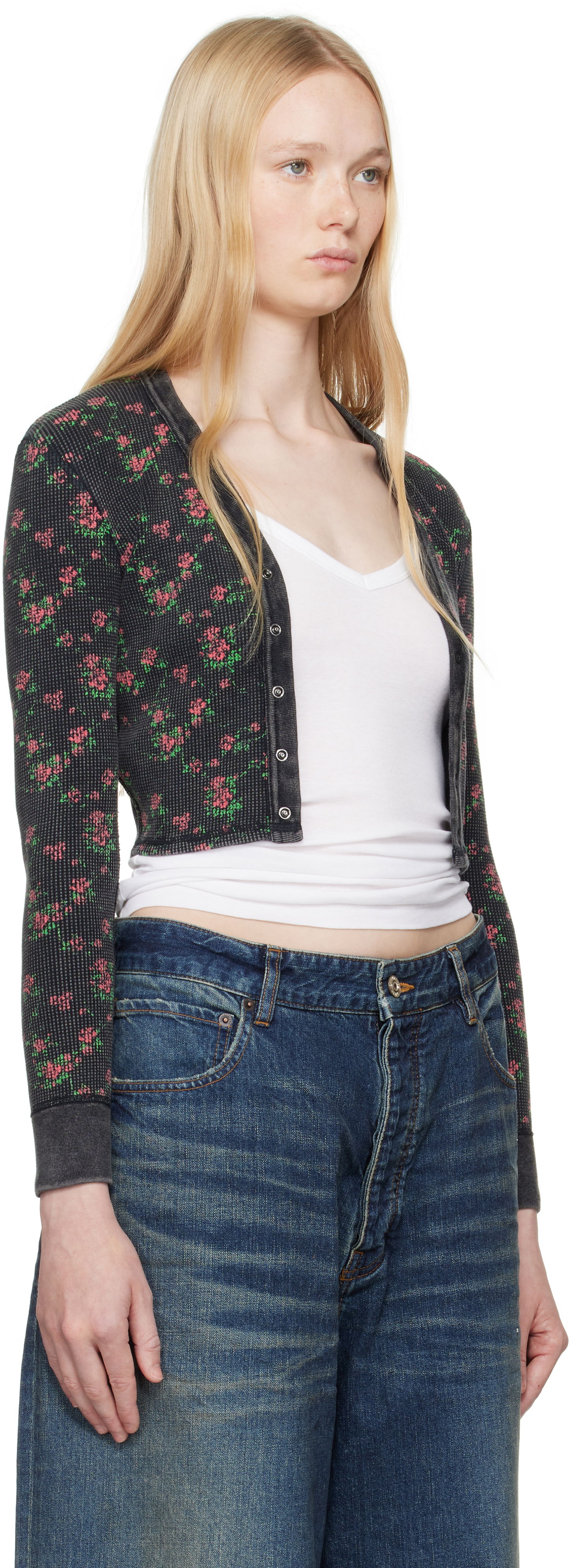 Pleteni pulover Alexander Wang Alexander Wang Floral-Print Waffle Knit Cropped Cardigan Črna | 8C4245810P, 1