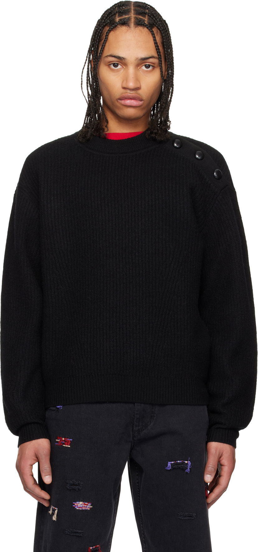 Pleteni pulover ISABEL MARANT Isabel Marant Rudel Shoulder Button Ribbed Knit Sweater Črna | 25PPU0651HA-C1L03H