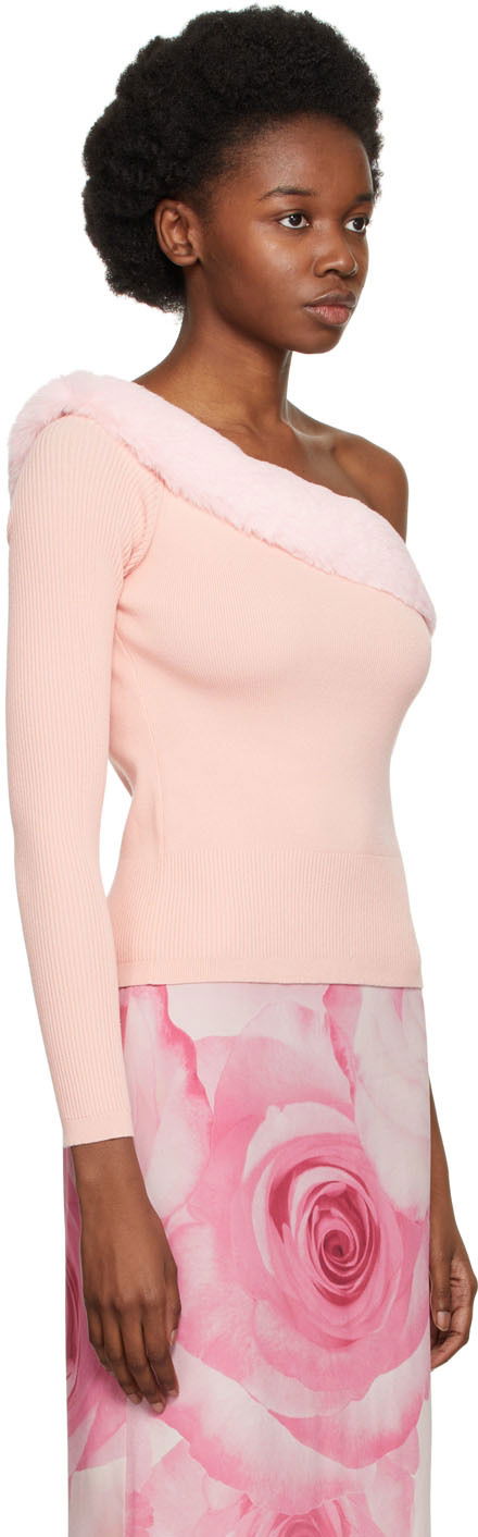 Pleteni pulover Blumarine One Shoulder Faux Fur Trimmed Sweater Roza | 2M181A, 1