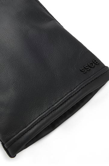 Rokavice BOSS Grained-leather gloves with wool lining and touchscreen compatibility Črna | 50526680, 1