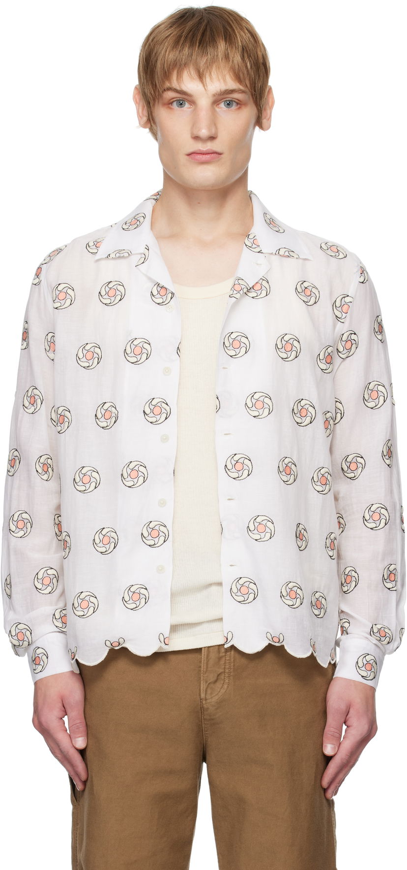 Srajce Bode Floral Aperture Long Sleeve Shirt Bela | MRF24SH048