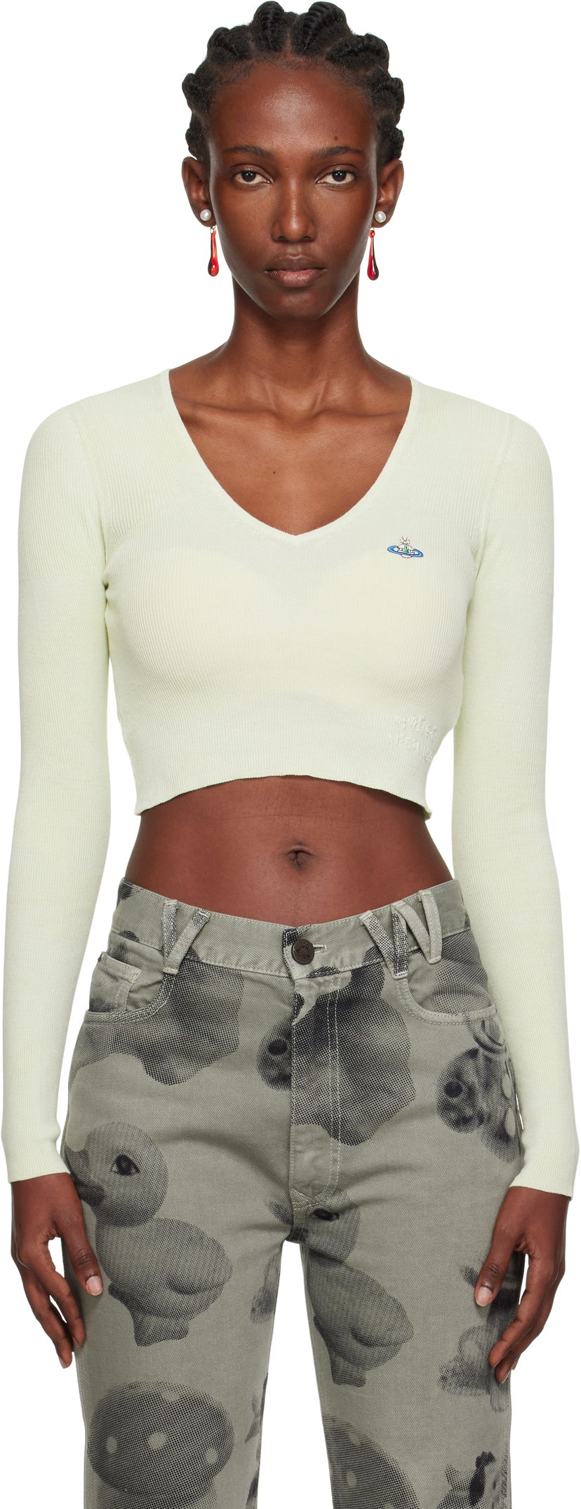 Pleteni pulover Vivienne Westwood Vivienne Westwood Bea Cropped V-Neck Sweater Zelena | 1803004W-Y003K-