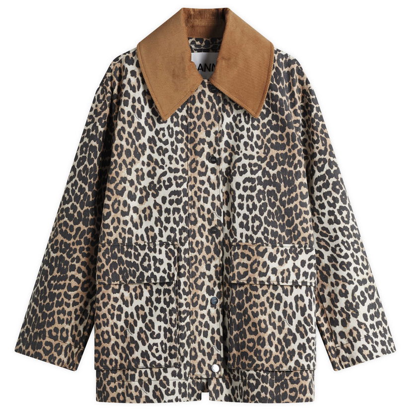 Plašči GANNI Ganni Leopard Print Canvas Midi Jacket Rjava | W0391-859