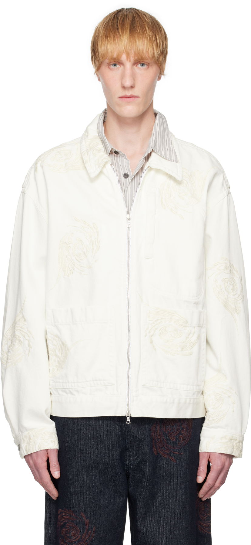 Jakna Dries Van Noten Dries Van Noten Embroidered Pattern Denim Jacket Bela | 251-080505-1555