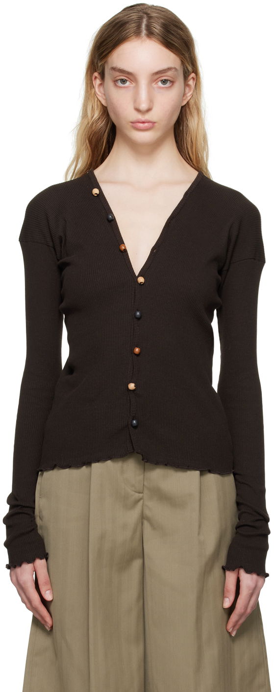 Pleteni pulover Baserange Tav Ribbed V-Neck Cardigan with Beaded Buttons Rjava | TOTVC-RC-SP23