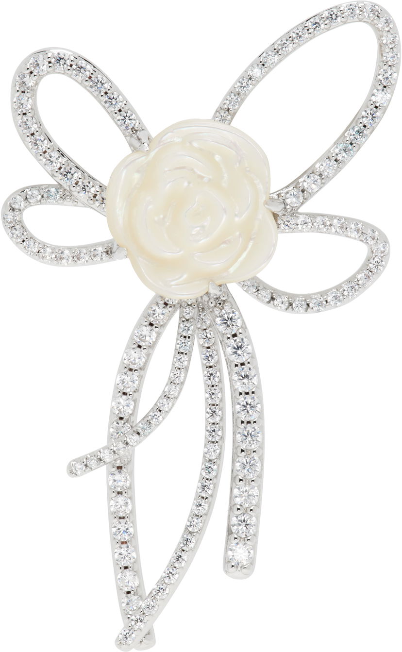 Zatiči SHUSHU/TONG YVMIN Edition Pearl and Diamond Bow Rose Single Earring Bela | 22314SLV00DR