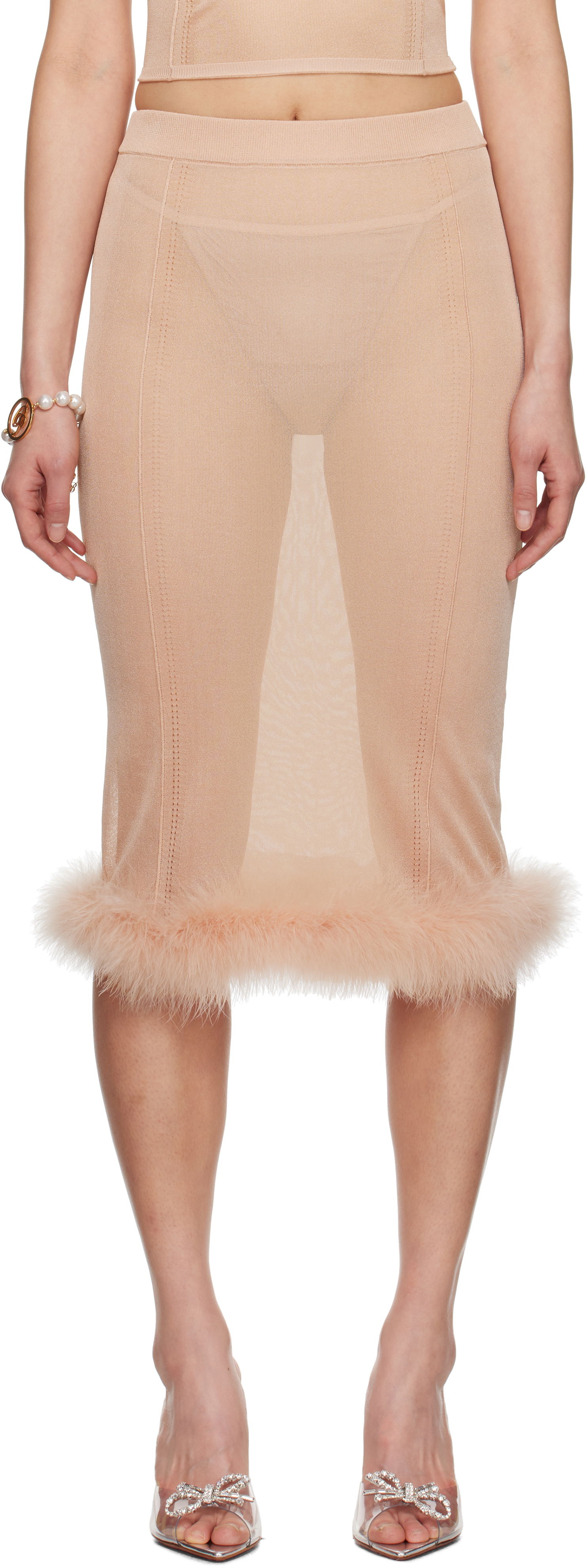 Krila Blumarine Blumarine Knit Midi Skirt with Feather Trim Bež | P522G234A, 0