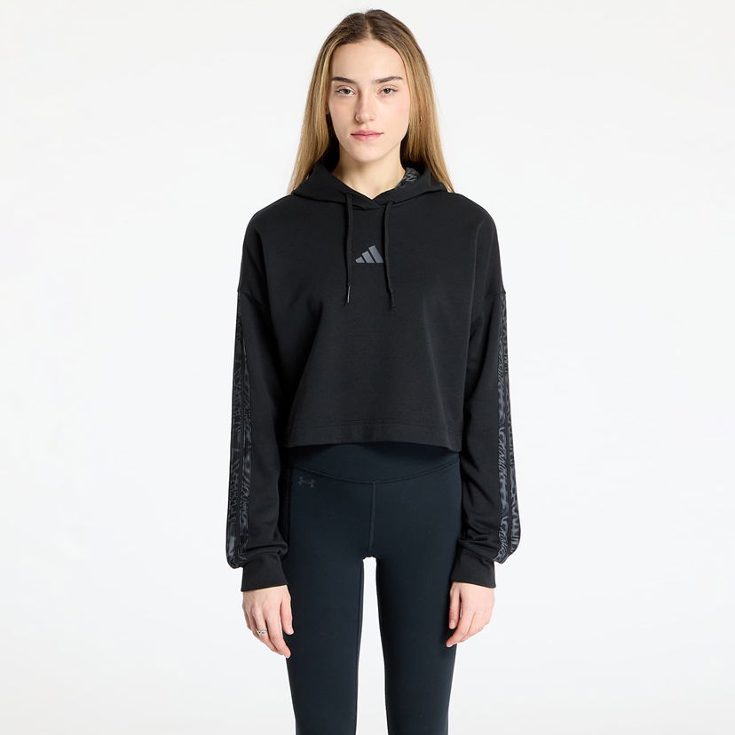 Pulover adidas Originals Essentials 3 Stripes Print French Terry Cropped Hoodie Črna | JC6244