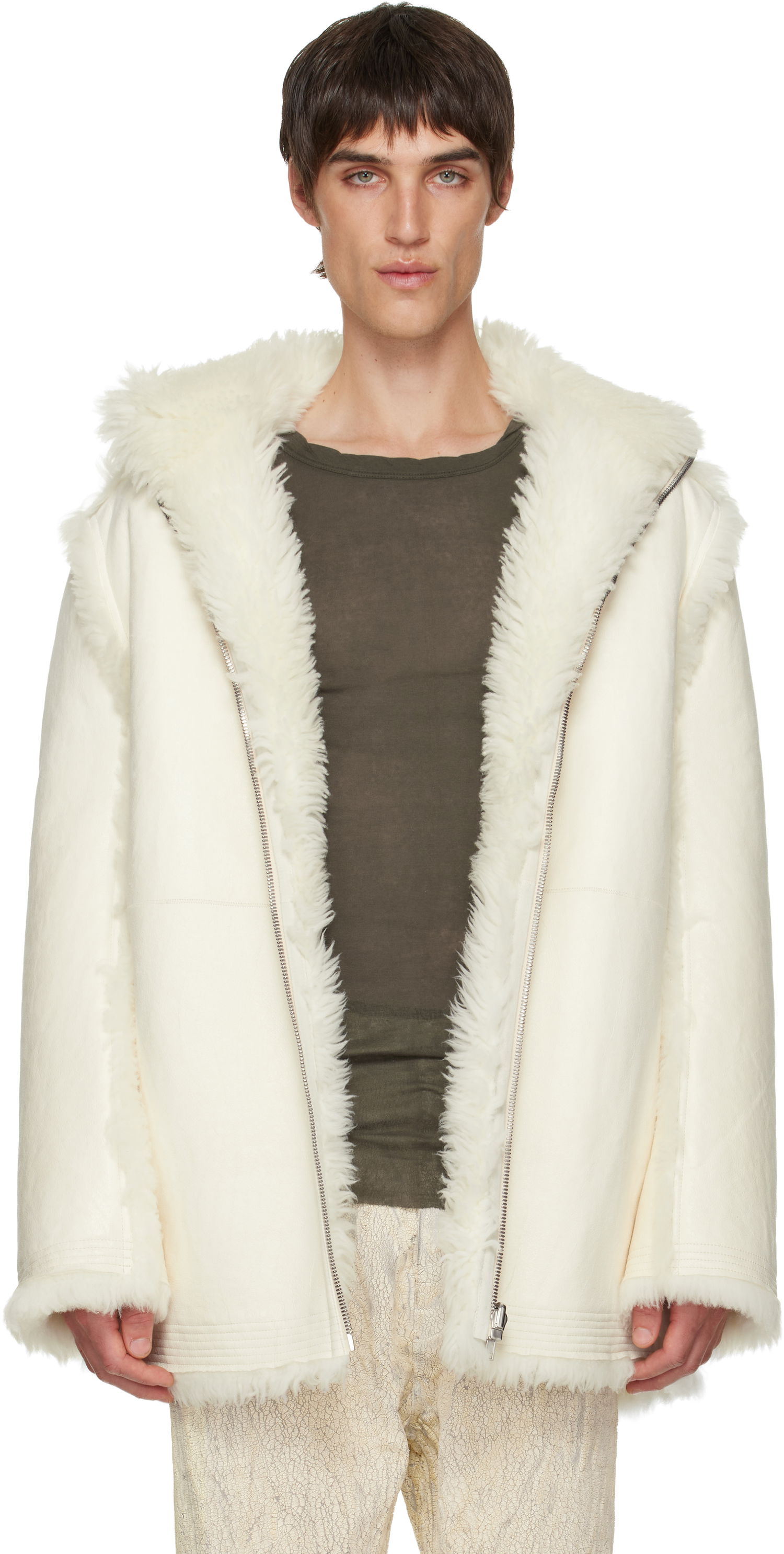 Plašči Rick Owens Mac Cropped Reversible Shearling Coat Bela | RU02E1769 LSHAR, 0