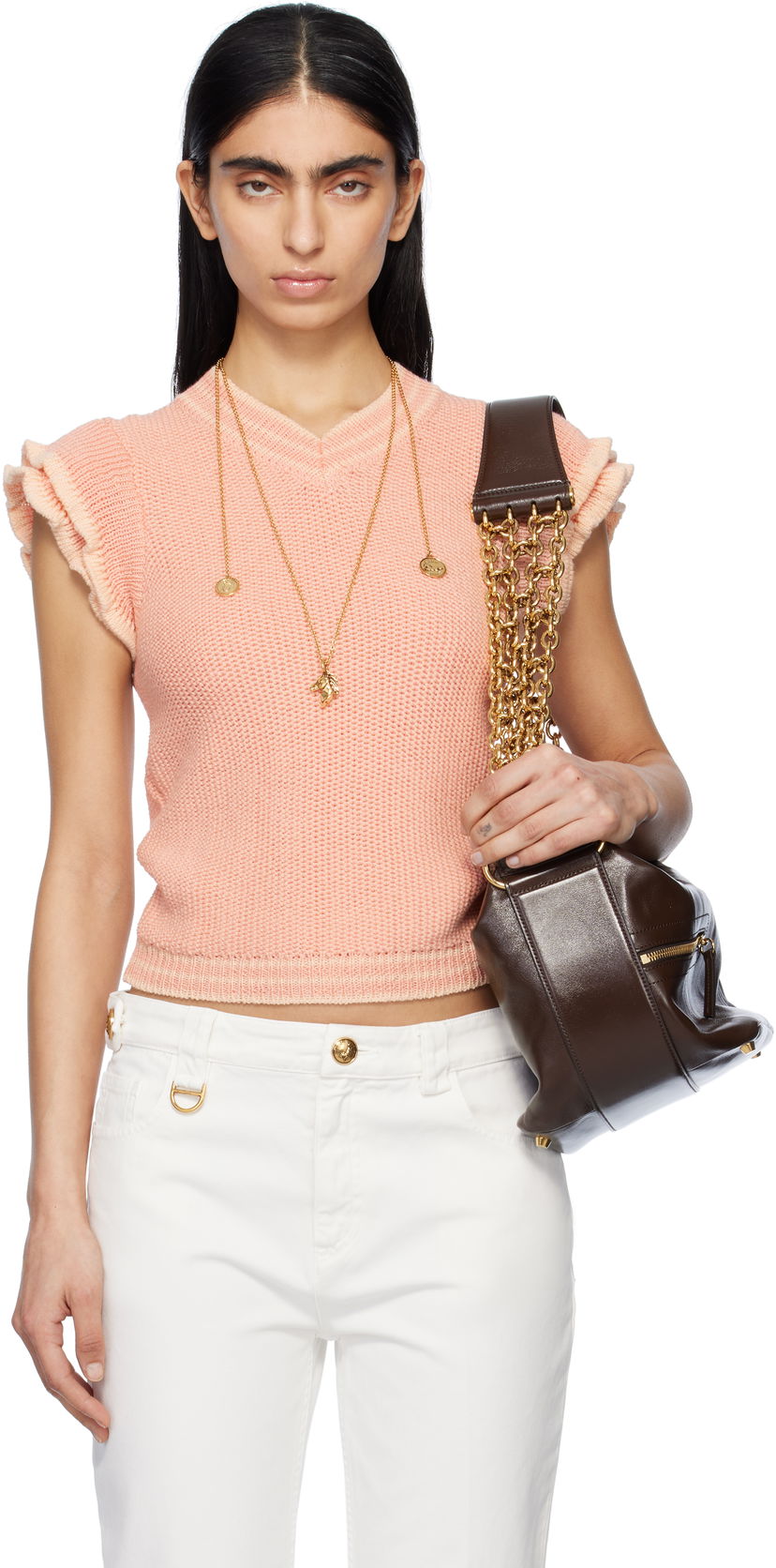 Pleteni pulover CHLOÉ Chloé Knit Ruffle-Sleeve Sweater Roza | CH25SMP03630