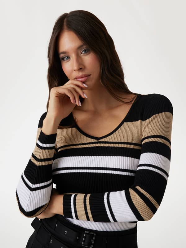 Pleteni pulover GUESS Guess Striped V-Neck Fitted Sweater Večbarvna | W5RR22Z2Y72