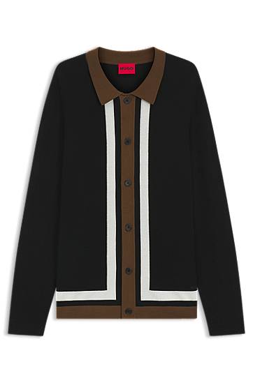 Pleteni pulover BOSS Striped Button-Up Sweater Črna | 50543770