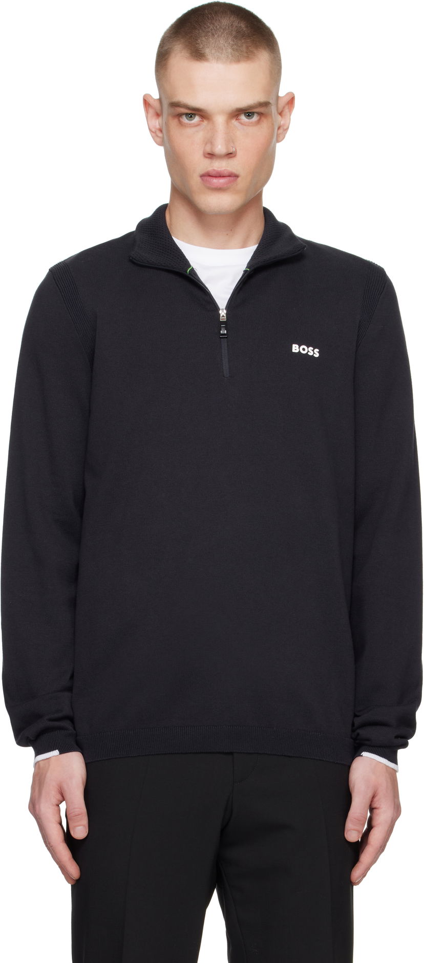 Pleteni pulover BOSS Half-Zip Pullover Sweater Črna | 50498518