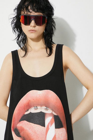 Majica brez rokavov Fiorucci Fiorucci Oversize Mini Tank Dress with Mouth Print Črna | W01FPDTA111CO01BK01, 4