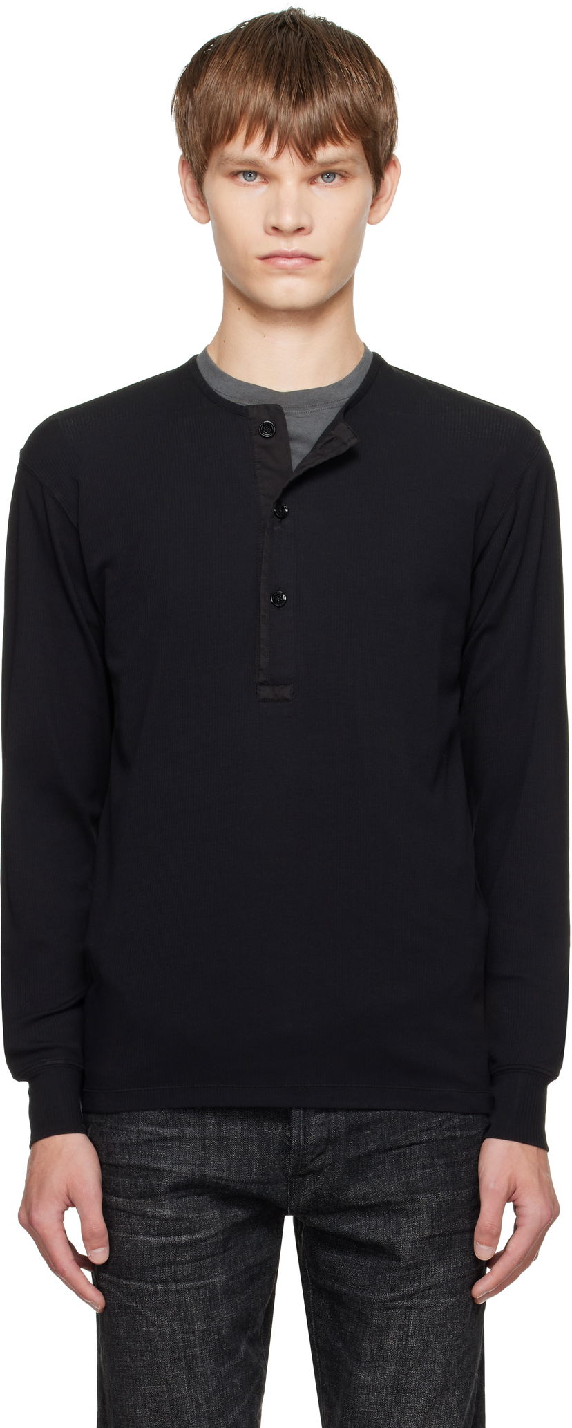 Pleteni pulover Tom Ford TOM FORD Stretch Rib Henley Črna | JHL019-JMC067