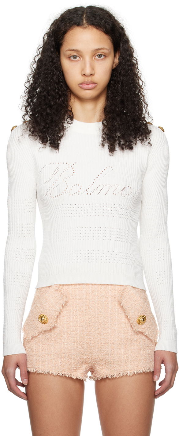 Pleteni pulover Balmain Signature Sweater Bela | CF1KA003KF24, 0