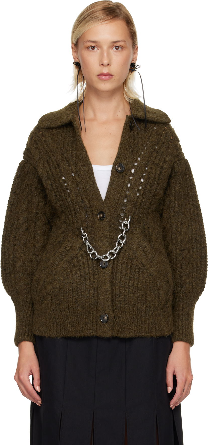 Pleteni pulover Simone Rocha Simone Rocha Sculpted Chunky Knit Chain Detail Cardigan Zelena | MZMK1E 0665