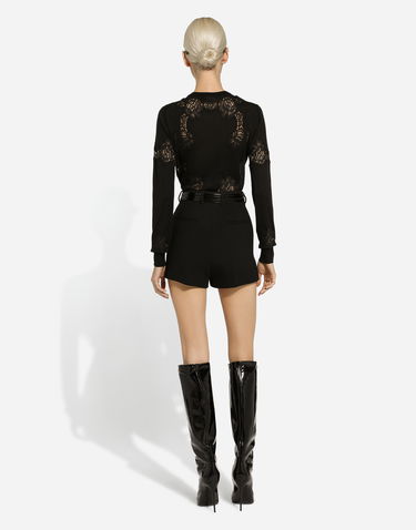 Pleteni pulover Dolce & Gabbana Lace-Trimmed Button-Up Cardigan Črna | FXV05TJEMO7N0000, 2
