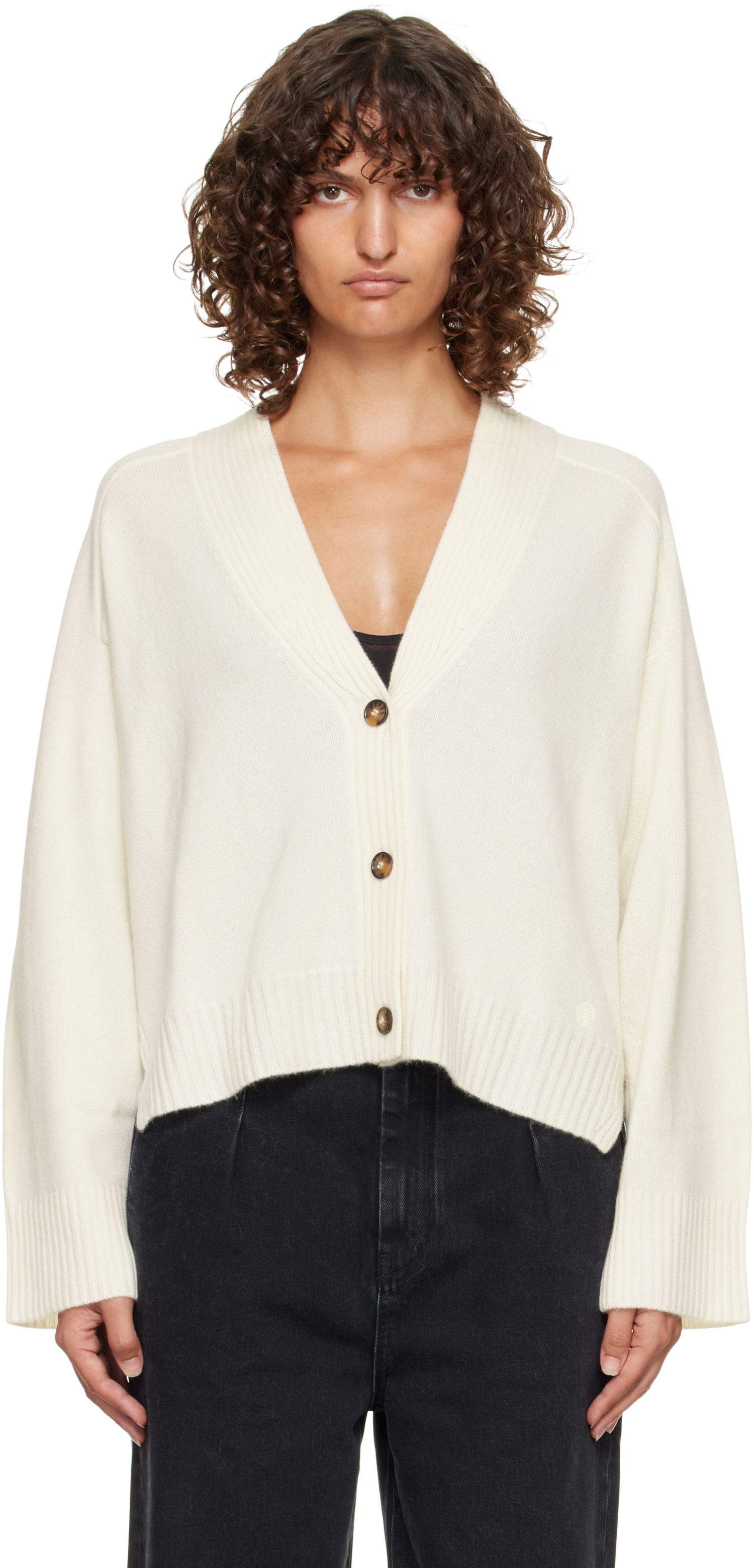 Pleteni pulover Loulou de Saison Loulou de Saison Kaia Ribbed Neckline Cardigan Bela | KAIA LDS, 0