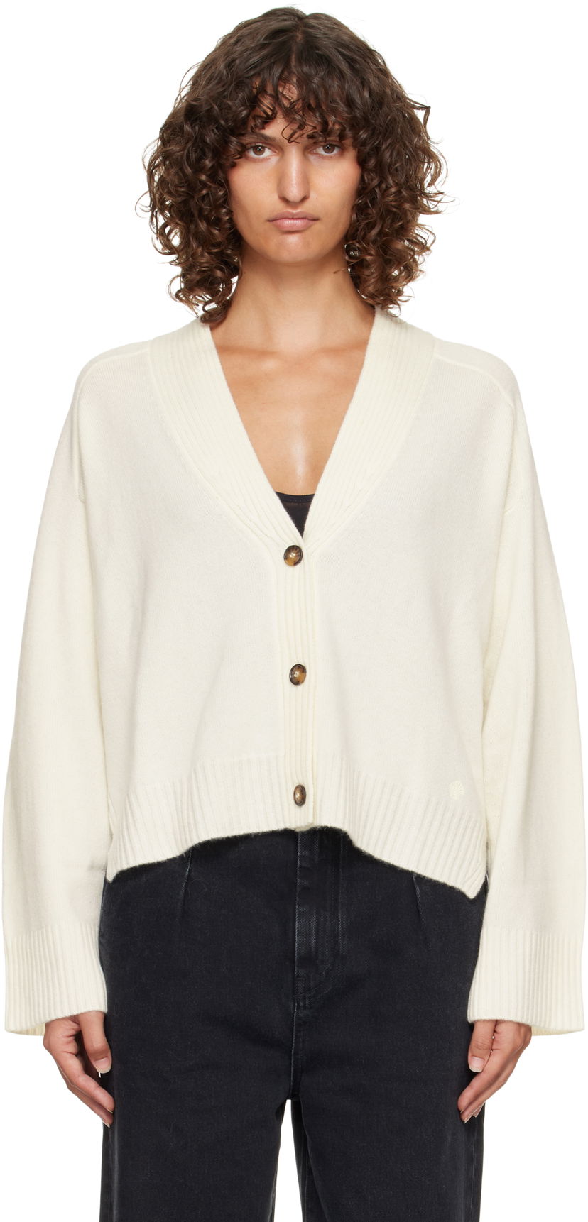 Pleteni pulover Loulou de Saison Loulou de Saison Kaia Ribbed Neckline Cardigan Bela | KAIA LDS