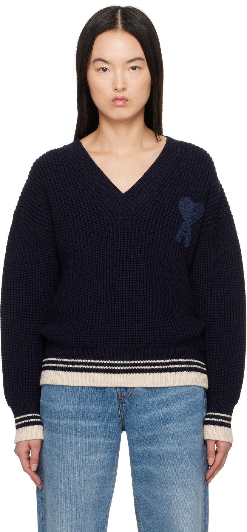 Pleteni pulover AMI AMI Paris Wool Ribbed V-Neck Sweater Mornarica | UKS268.KN0068