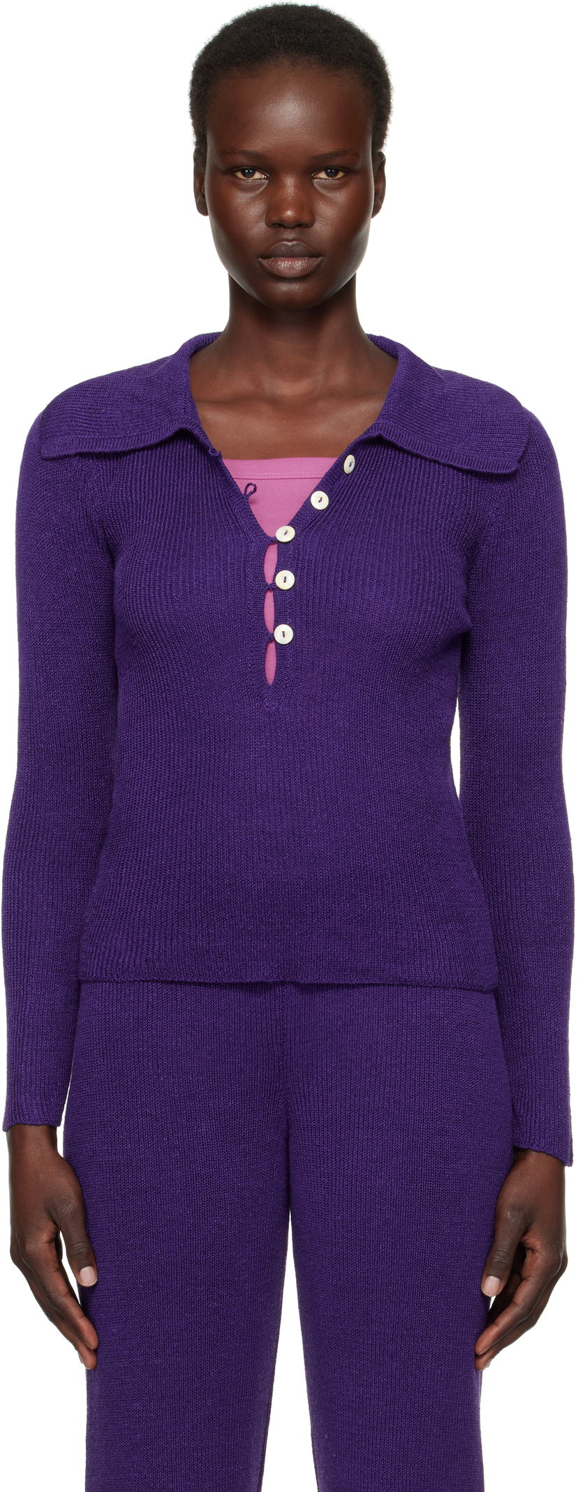 Pleteni pulover Bode Quincy Knit Polo Lila | WRF24KT025