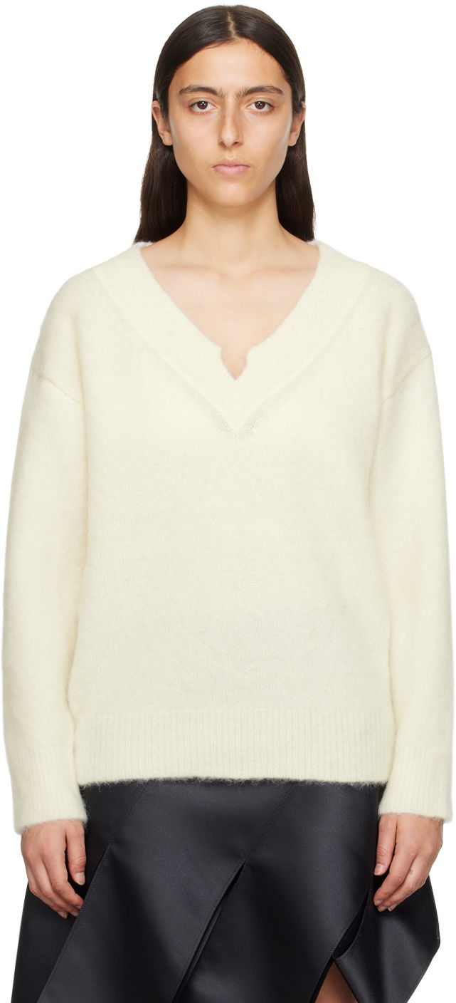 Pleteni pulover We11done We11done V-Neck Sweater Bela | WD-KT3-23-658-W-IV