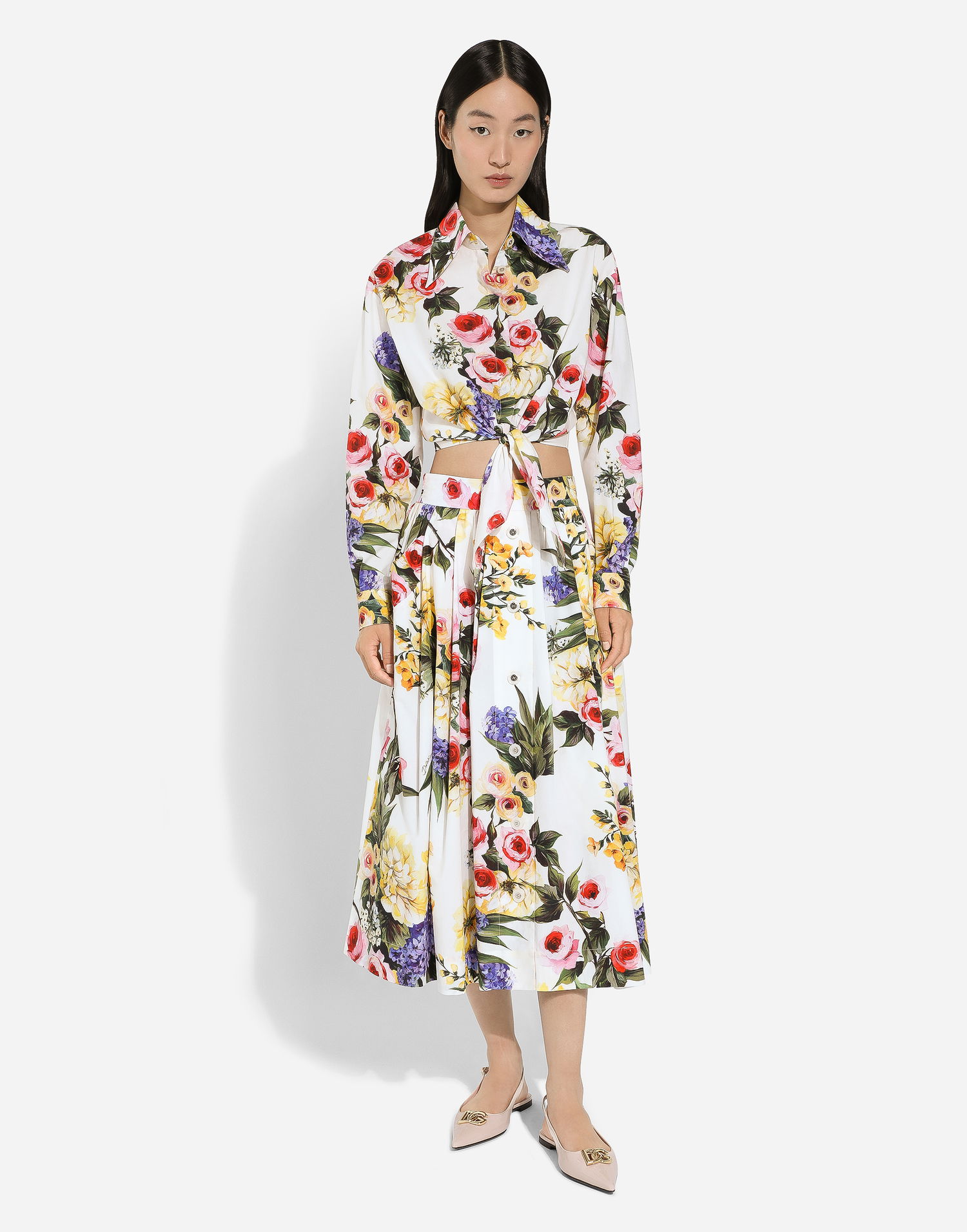 Srajce Dolce & Gabbana Garden Print Tie-Front Crop Top Bela | F5R73THS5Q1HA4YB, 1