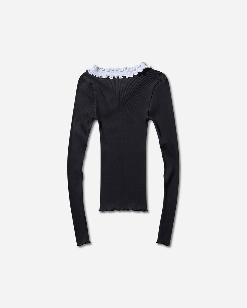 Srajce OpéraSPORT Evita Seamless Ribbed Ruffle-Trim Long-Sleeve Top Črna | W32AW24  4