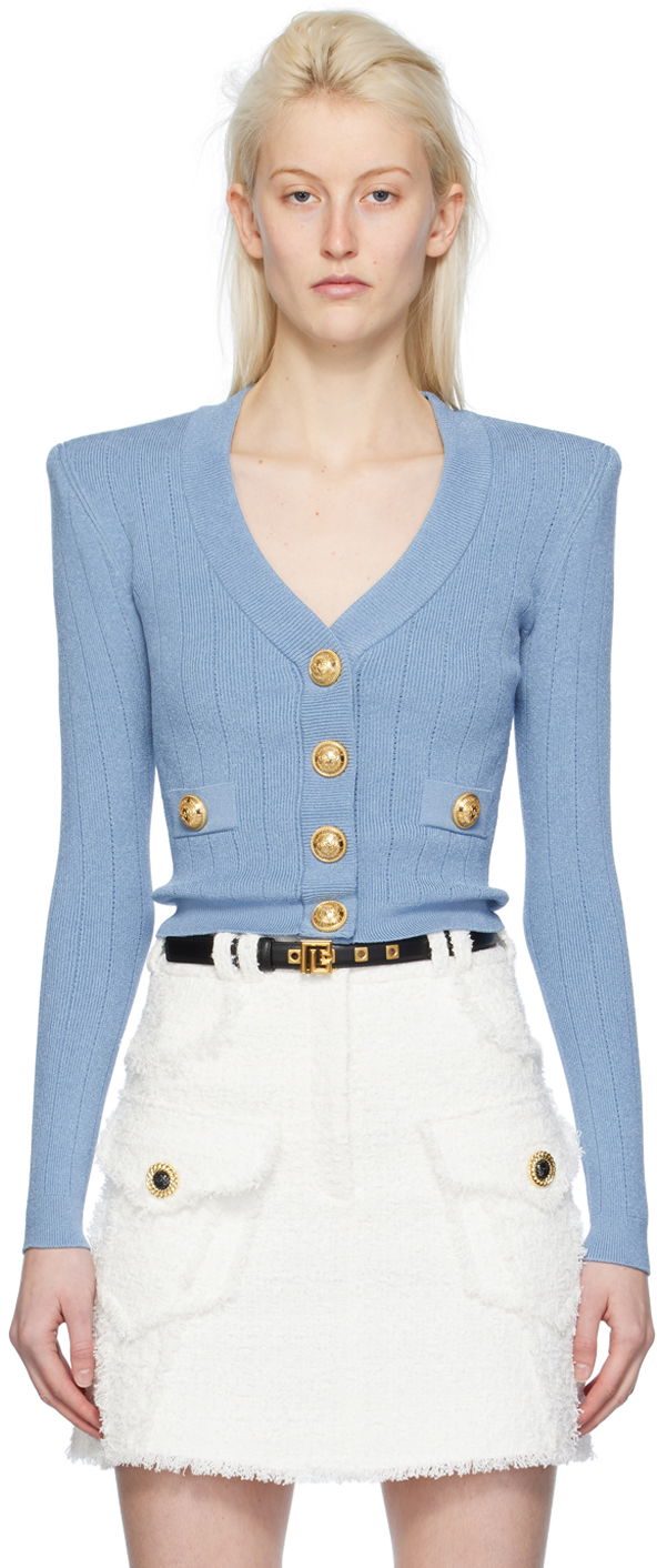 Pleteni pulover Balmain Press-Stud Cardigan Modra | CF1KL007KB07