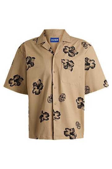 Srajce BOSS HUGO Relaxed-Fit Hibiscus-Print Stretch Cotton Shirt Bež | 50539135