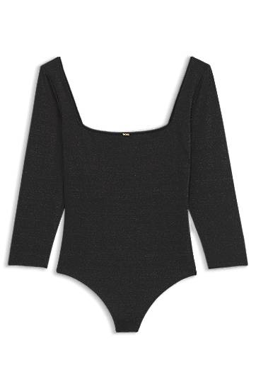 Bodi BOSS Sparkly-jersey Long Sleeve Square Neck Bodysuit with Picot Trim Črna | 50550349