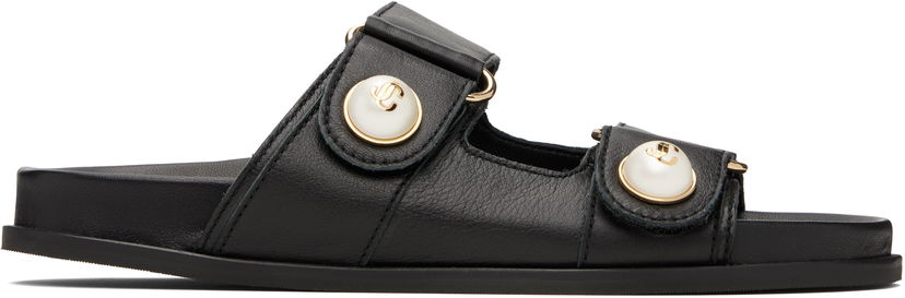 Superge in čevlji Jimmy Choo Fayence Pearl-Embellished Leather Flat Sandals Črna | FAYENCE SANDAL