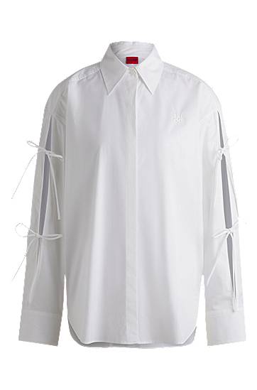 Srajce BOSS Oversized Cotton Blouse with Sleeve Bows Bela | 50538440