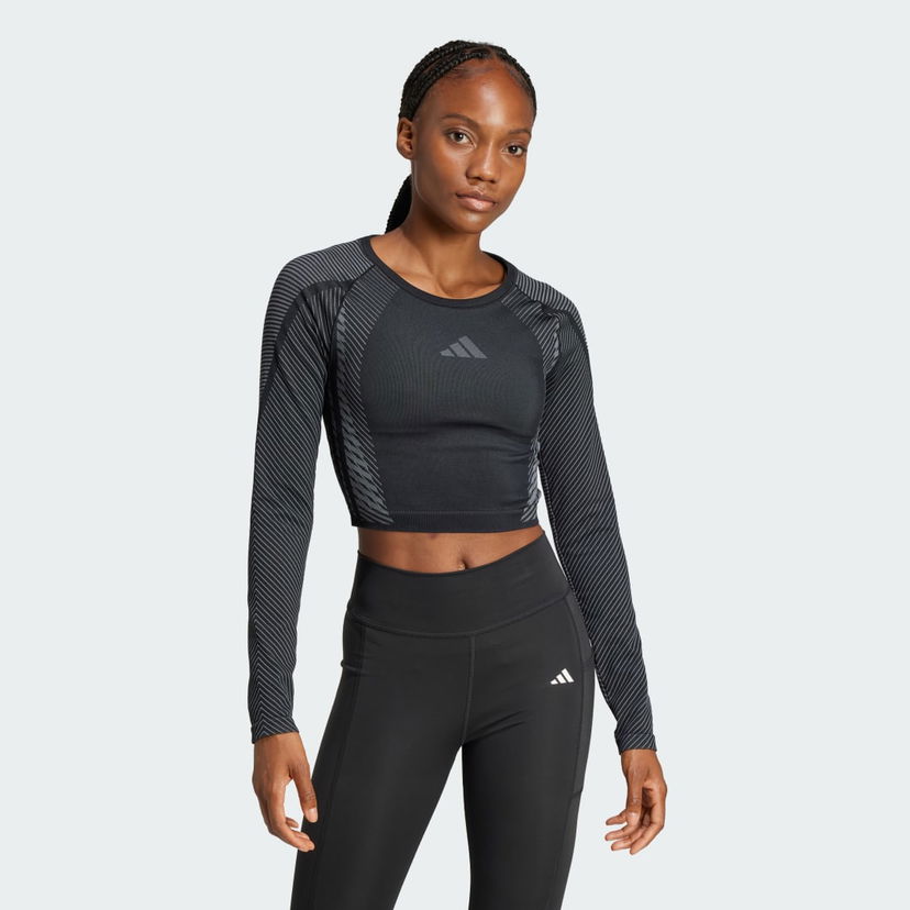 Krop-top adidas Performance Seamless Knit Long Sleeve Crop Top Črna | JH1364
