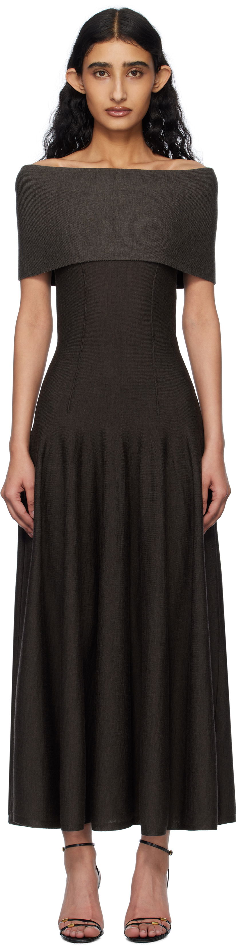 Obleke Khaite Khaite Ava Off-the-Shoulder Maxi Dress Rjava | 9709521