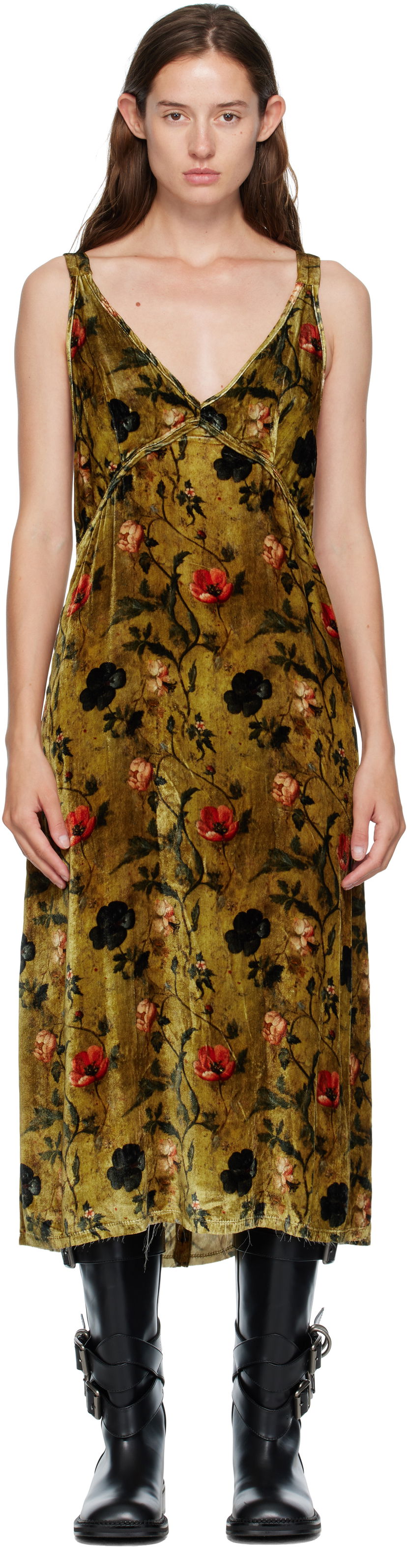 Obleke R13 R13 Grunge Floral-Print Velvet Slip Midi Dress Zelena | R13WR477-R595A