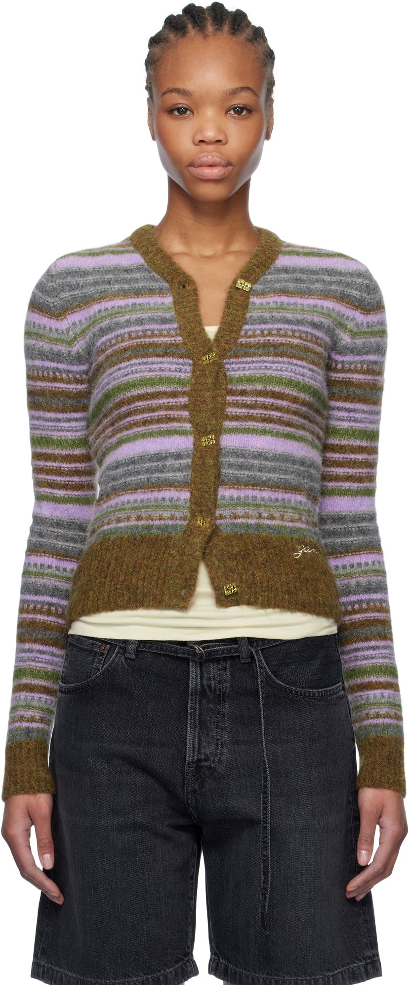 Pleteni pulover GANNI Ganni Soft Wool Stripe Cardigan Večbarvna | K2355