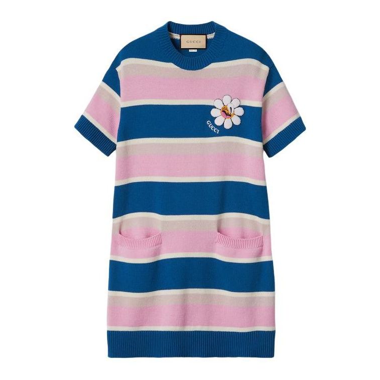 Obleke Gucci Striped Cotton Wool Dress with Floral Applique Modra | 782228-XKDZ1-4915