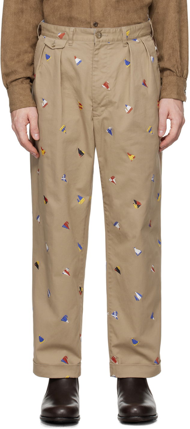 Hlače BEAMS Beams Plus 2 Pleats Embroidered Trousers Bež | 3823-0172-874