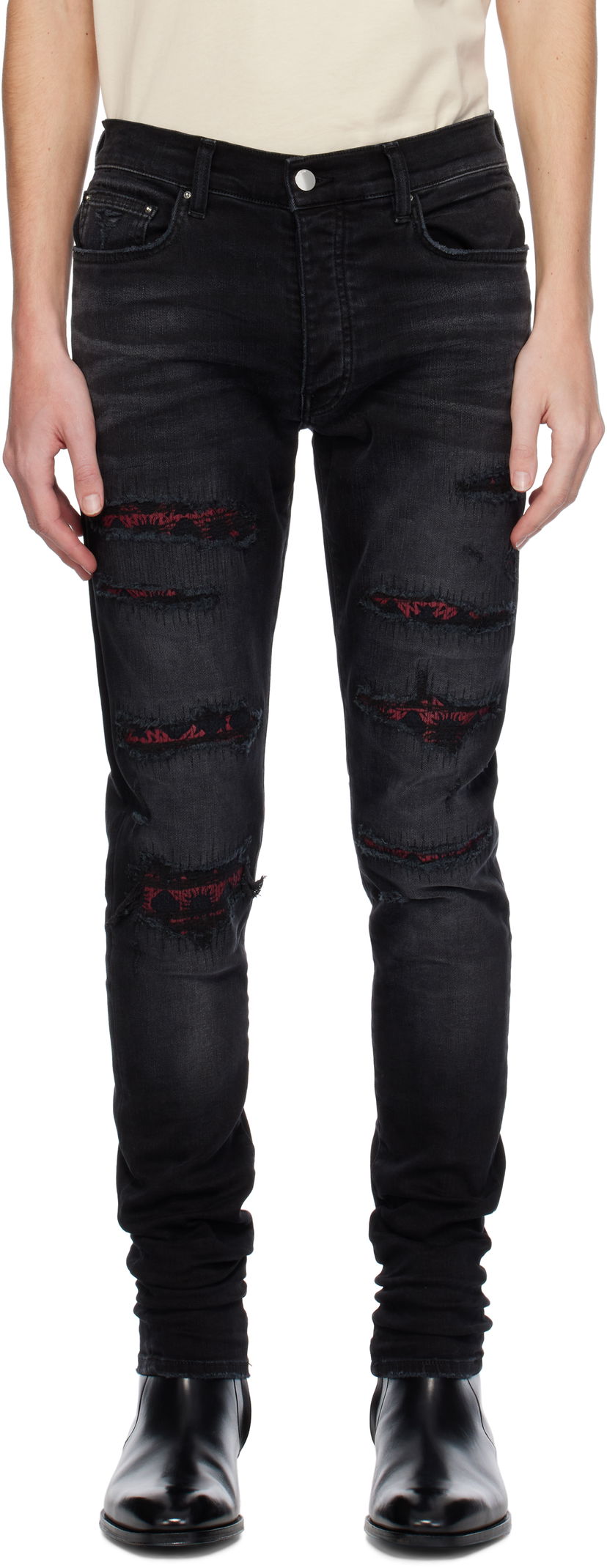Kavbojke AMIRI Quad Repaired Skinny Jeans Črna | AMDNSY1100