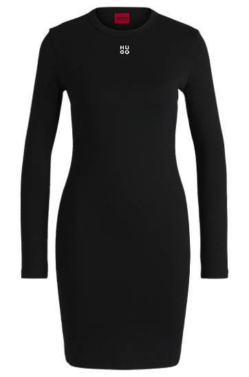 Obleke BOSS HUGO Ribbed Stretch Dress with Stacked Logo Črna | 50518385